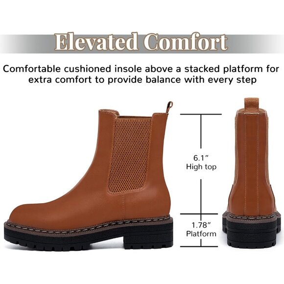 Athlefit Women Brown Chelsea Wedge Platform Slip on Lug Sole Elastic Ankle Boot - Picture 2 of 6